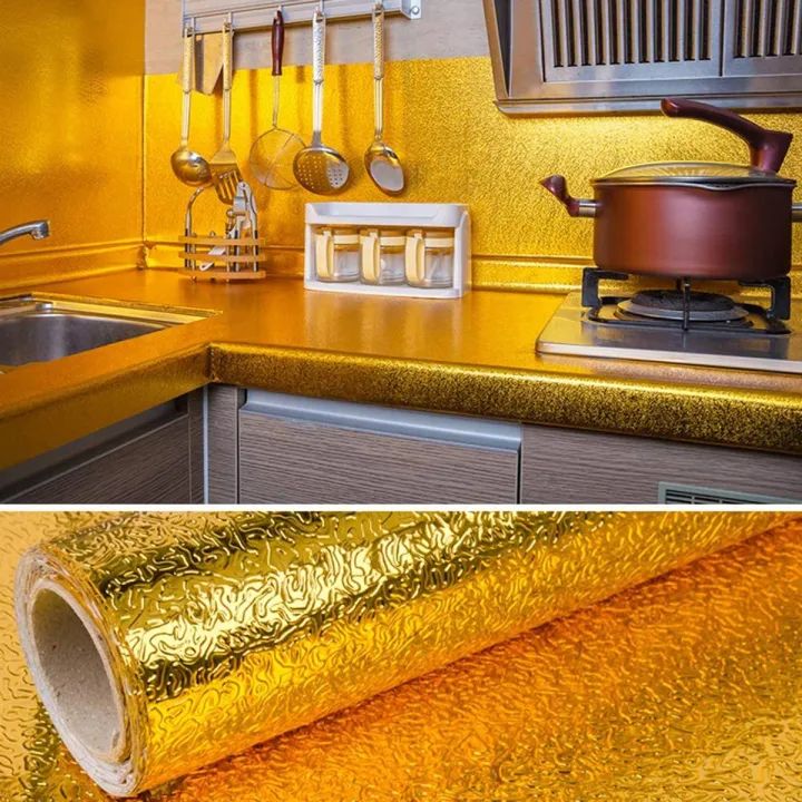 40/200 cm Golden Foil Aluminum Sticker For Kitchen Cabinet Wallpaper Oil Proof Waterproof